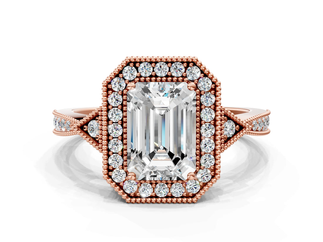 Rose gold Emerald Halo Round Diamond Milgrain Pave Engagement Ring_9