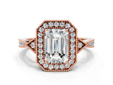 Rose gold Emerald Halo Round Diamond Milgrain Pave Engagement Ring_9