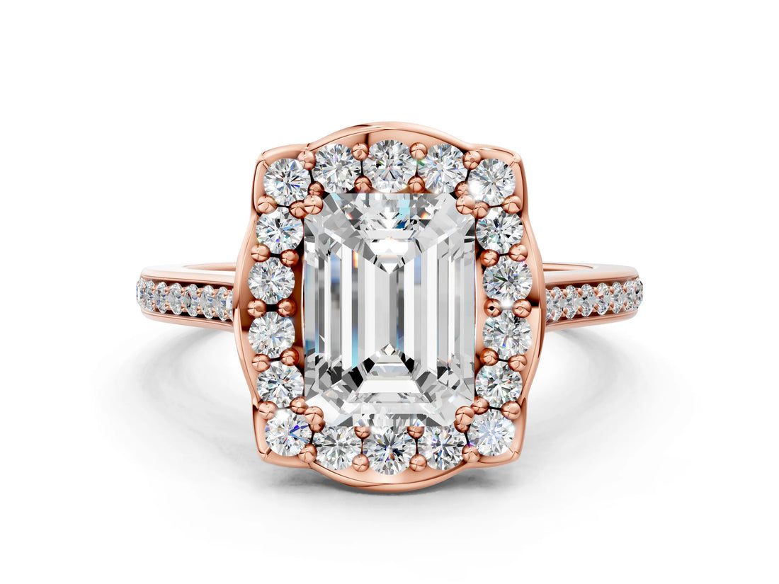 Rose gold Emerald Halo Round Diamond Pave Band with Four-Prong Setting_39