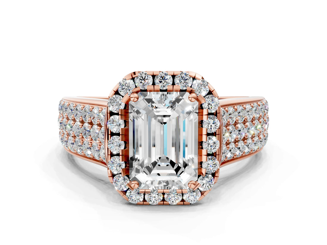 Rose gold Emerald Halo Round Diamond Pave Band with Prong Setting