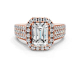Rose gold Emerald Halo Round Diamond Pave Band with Prong Setting