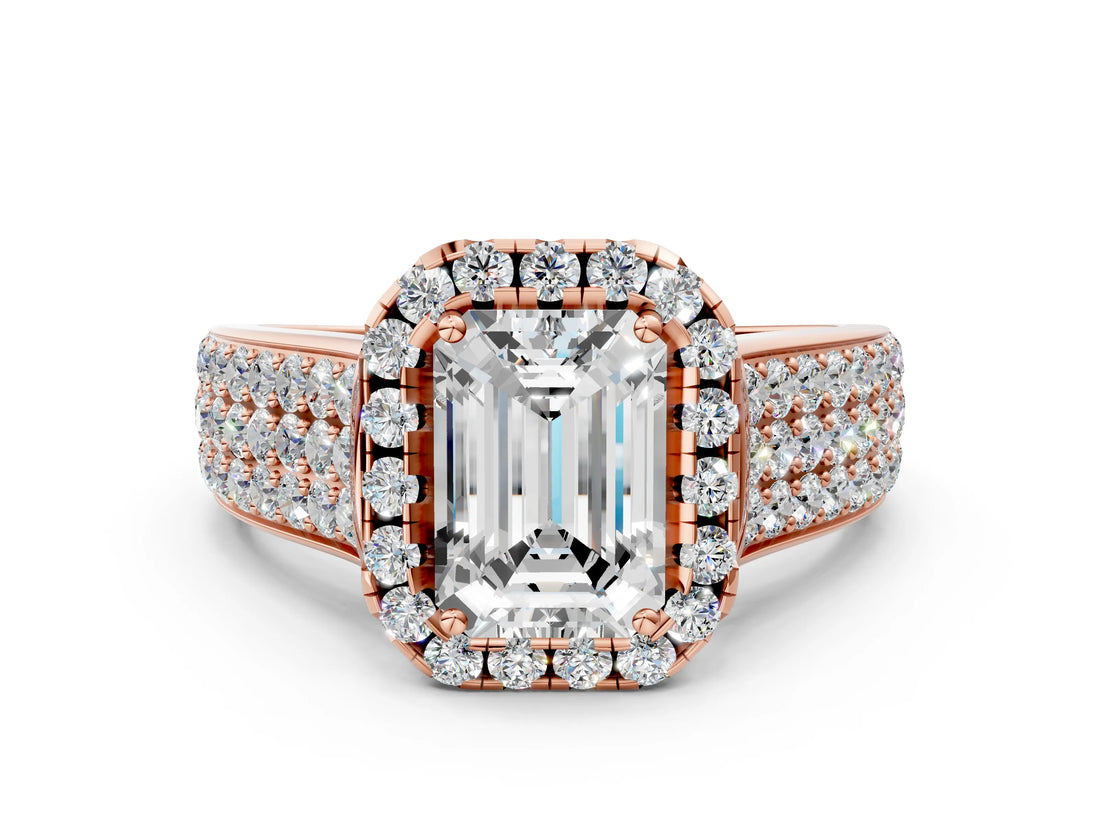 Rose gold Emerald Halo Round Diamond Pave Band with Prong Setting_26