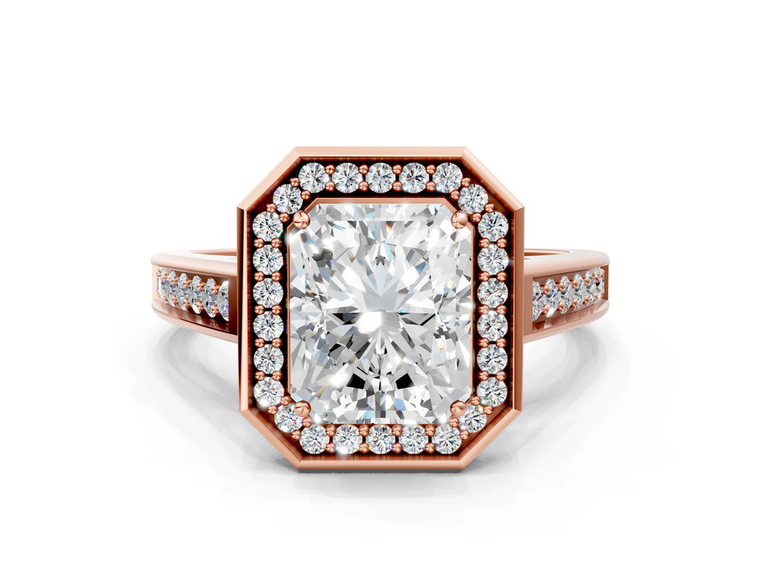 Rose gold Emerald Halo Solitaire Diamond Ring with Pave Band and Bezel Setting_49