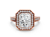 Rose gold Emerald Halo Solitaire Diamond Ring with Pave Band and Bezel Setting_49