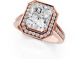 Rose gold Emerald Halo Solitaire Diamond Ring with Pave Band and Bezel Setting_50