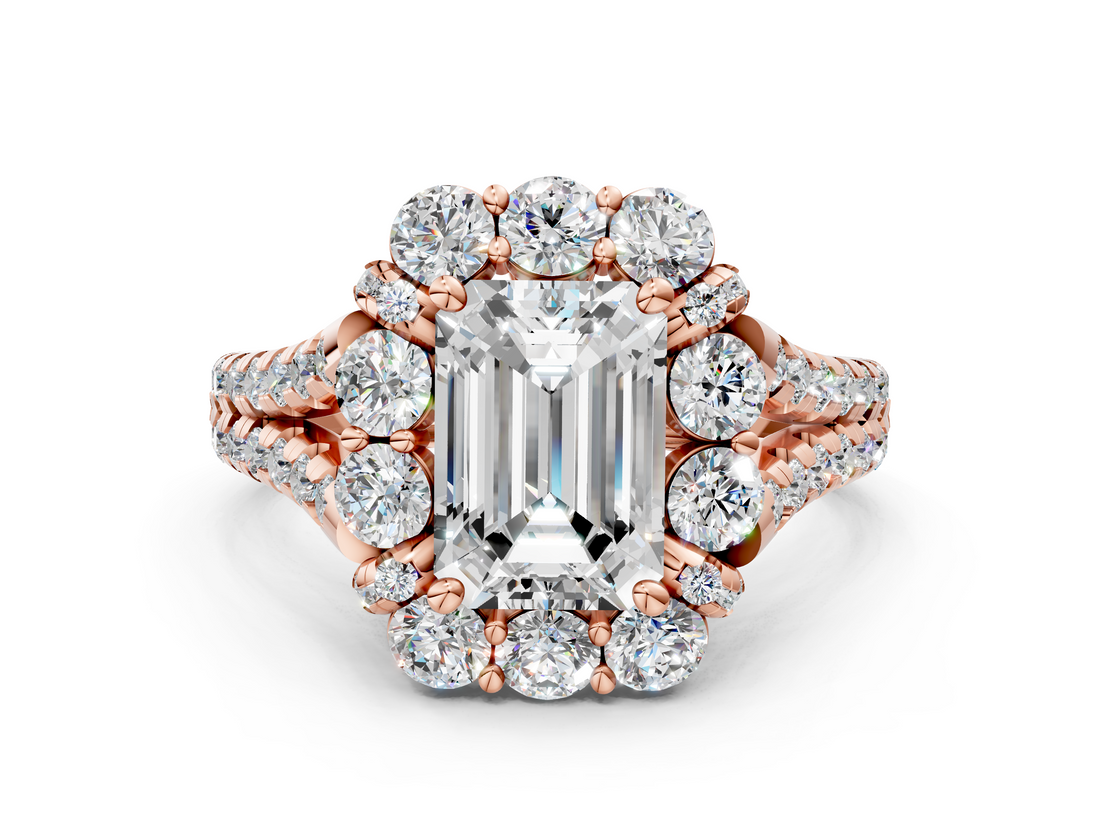 Rose gold Emerald Halo Split Shank Diamond Engagement Ring with Pave Band and Four-Prong Setting_54