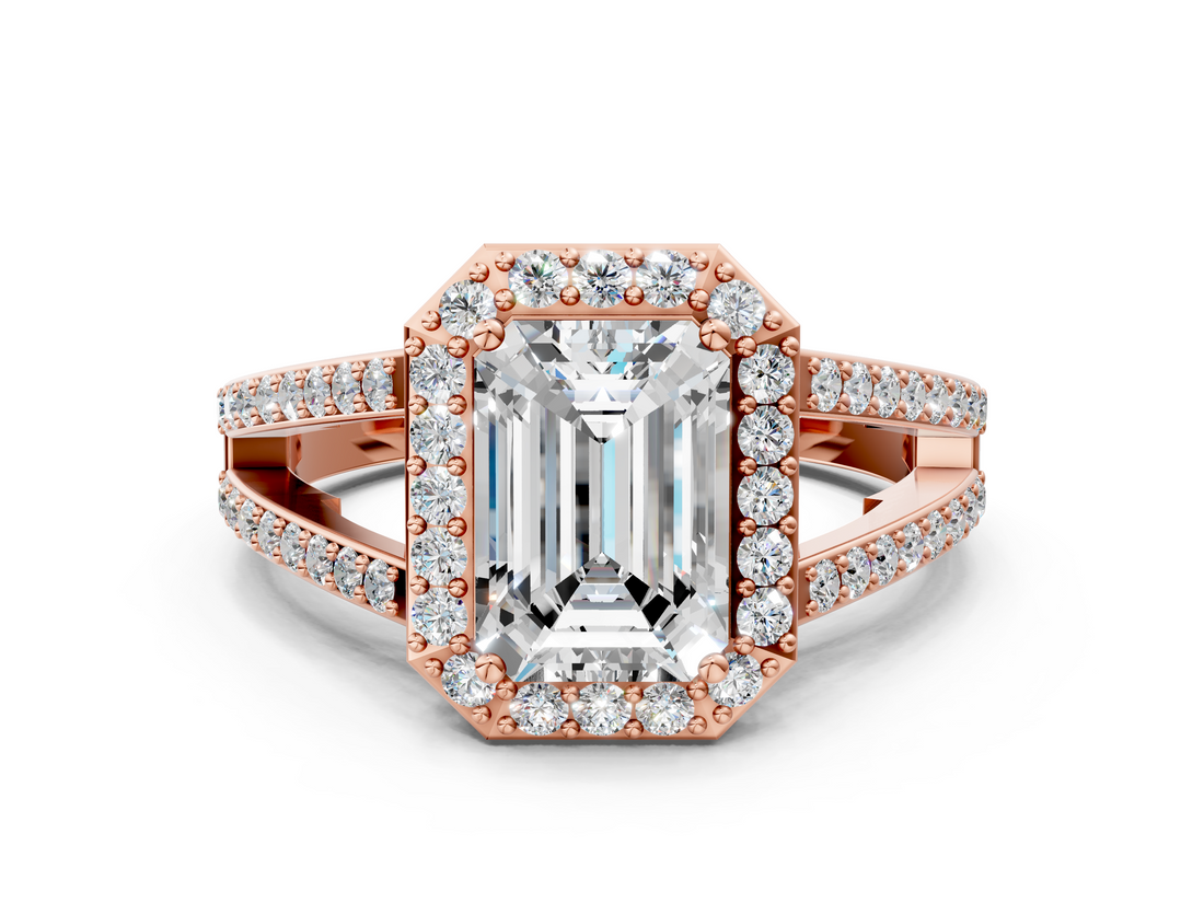 Rose gold Emerald Halo Split Shank Diamond Ring with Four-Prong Setting_36