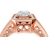 Rose gold Emerald Halo Split Shank Diamond Ring with Milgrain Prong Setting_10