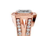 Rose gold Emerald Halo Split Shank Diamond Ring with Milgrain Prong Setting_11