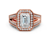 Rose gold Emerald Halo Split Shank Diamond Ring with Milgrain Prong Setting_6
