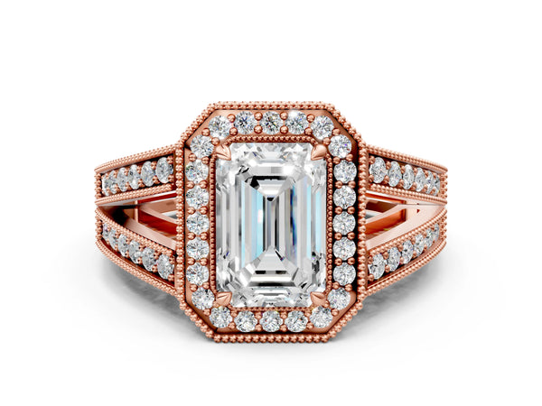 Rose Gold Emerald Cut Vintage Milgrain Halo Engagement Ring Setting with Pave Split Shank