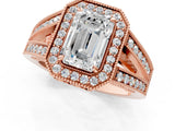 Rose gold Emerald Halo Split Shank Diamond Ring with Milgrain Prong Setting_7