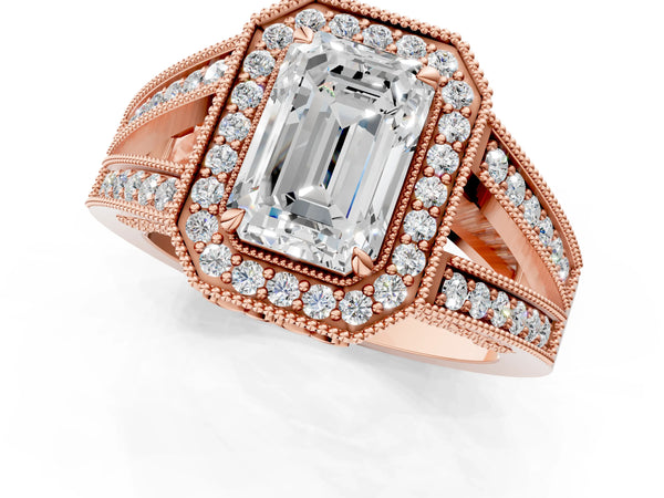 Rose Gold Emerald Cut Vintage Milgrain Halo Engagement Ring Setting with Pave Split Shank