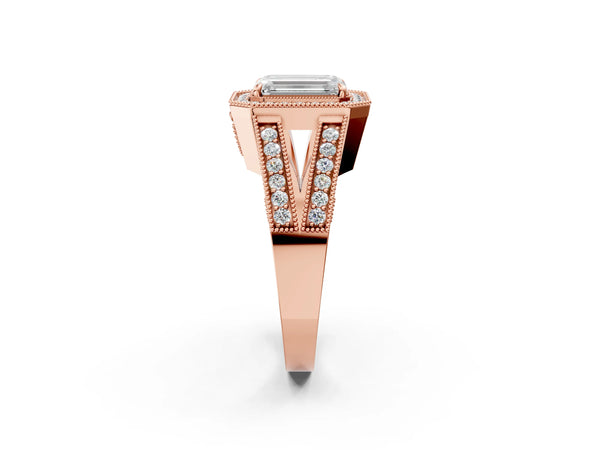 Rose Gold Emerald Cut Vintage Milgrain Halo Engagement Ring Setting with Pave Split Shank