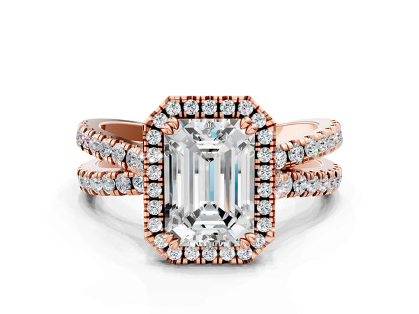 Rose gold Emerald Halo Split Shank Diamond Ring with Pavé Setting