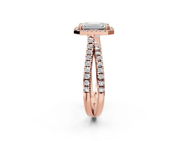 Rose gold Emerald Halo Split Shank Diamond Ring with Pavé Setting