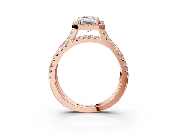 Rose gold Emerald Halo Split Shank Diamond Ring with Pavé Setting