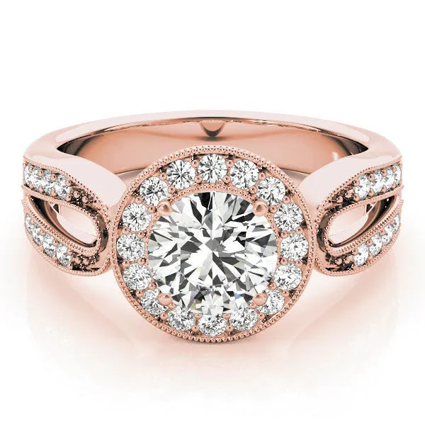Rose gold Emerald Halo Split Shank Milgrain Diamond Ring
