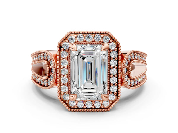 Rose gold Emerald Halo Split Shank Milgrain Diamond Ring