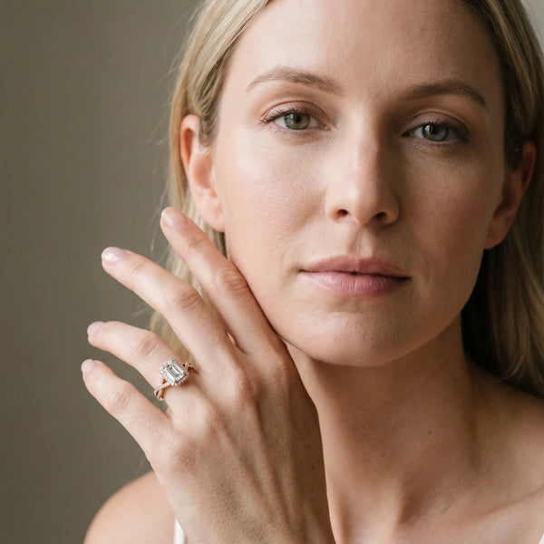 Rose gold Emerald Halo Split Shank Milgrain Diamond Ring