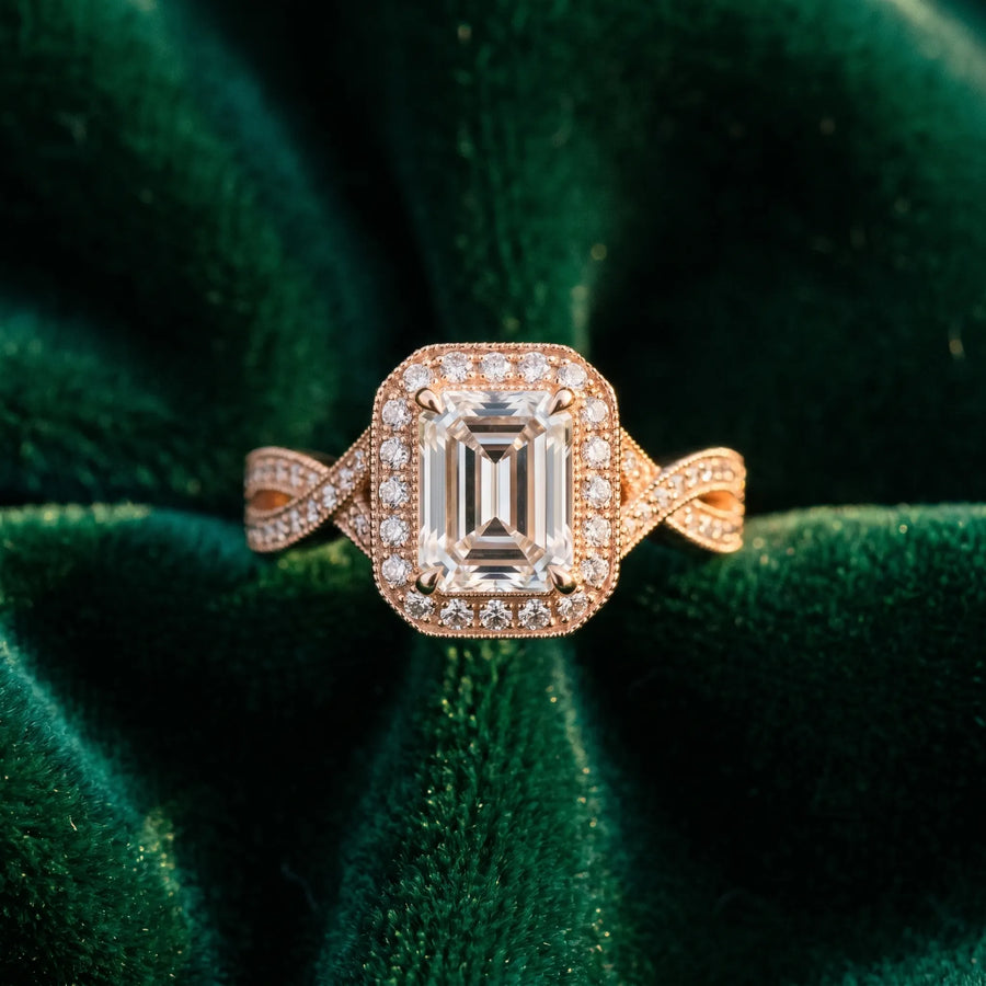 Rose gold Emerald Halo Split Shank Milgrain Diamond Ring