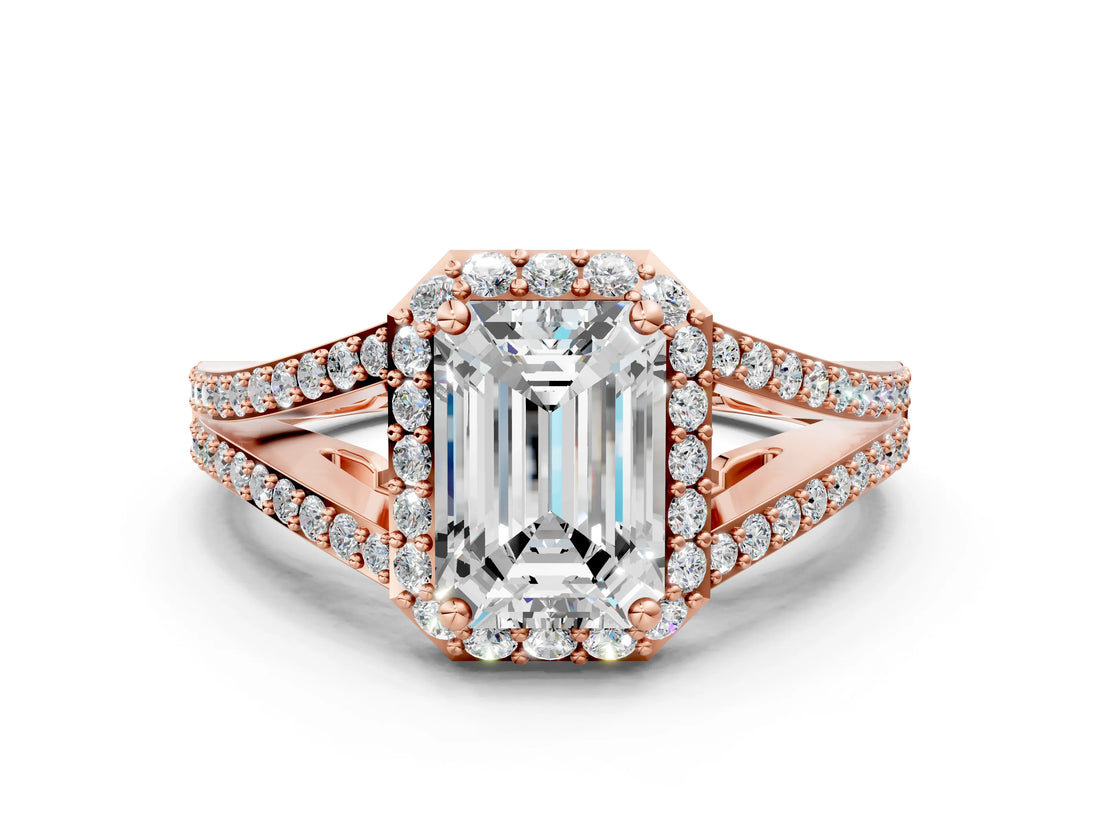 Rose gold Emerald Halo Split Shank Pave Diamond Ring with Four-Prong Setting_49
