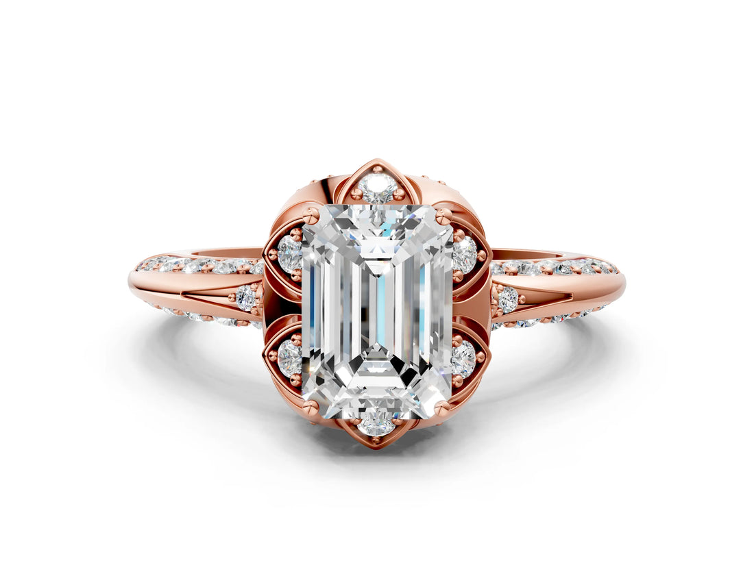 Rose gold Emerald Halo Split Shank Pave Diamond Ring with Petal Prong Setting_19
