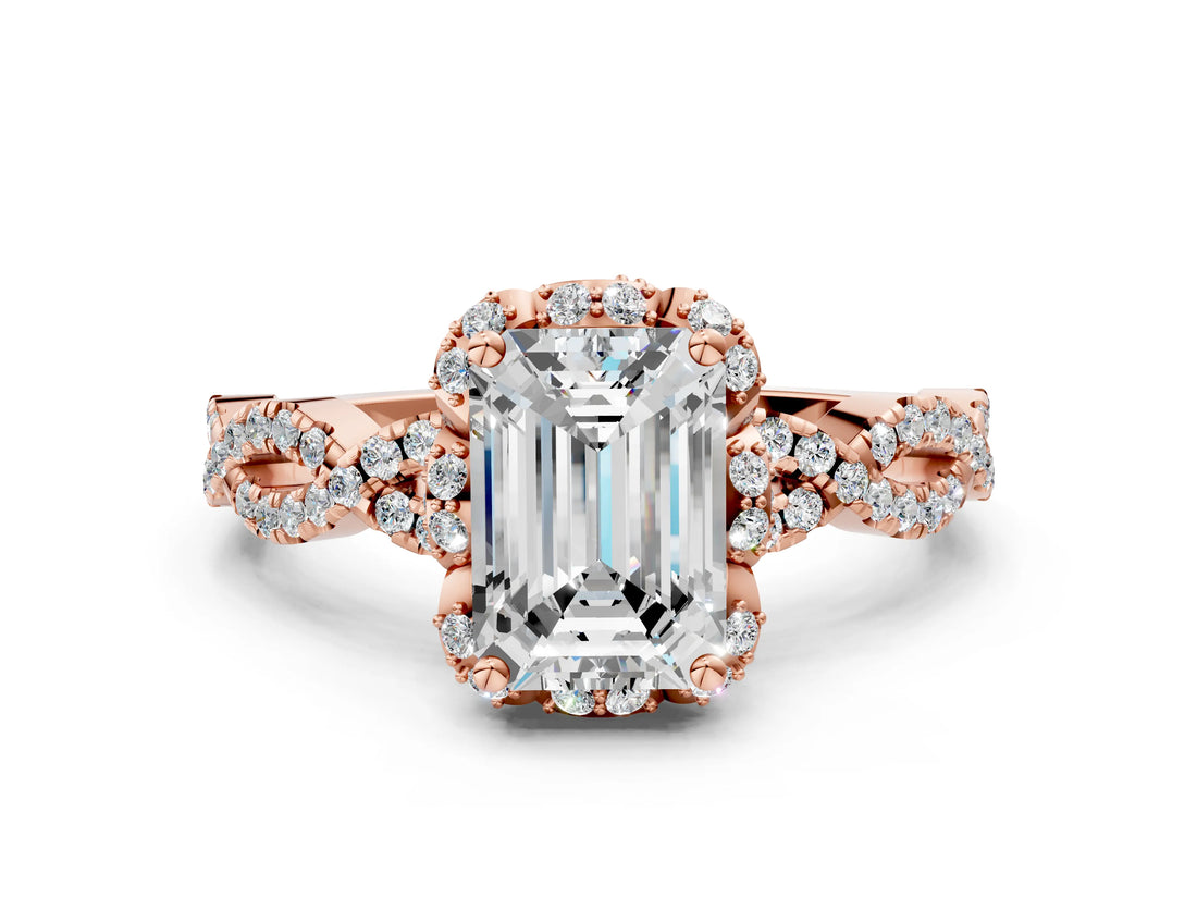Rose gold Emerald Halo Twist Band Solitaire Ring with Six-Prong Setting_37