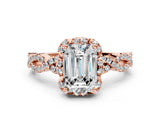 Rose gold Emerald Halo Twist Band Solitaire Ring with Six-Prong Setting_37