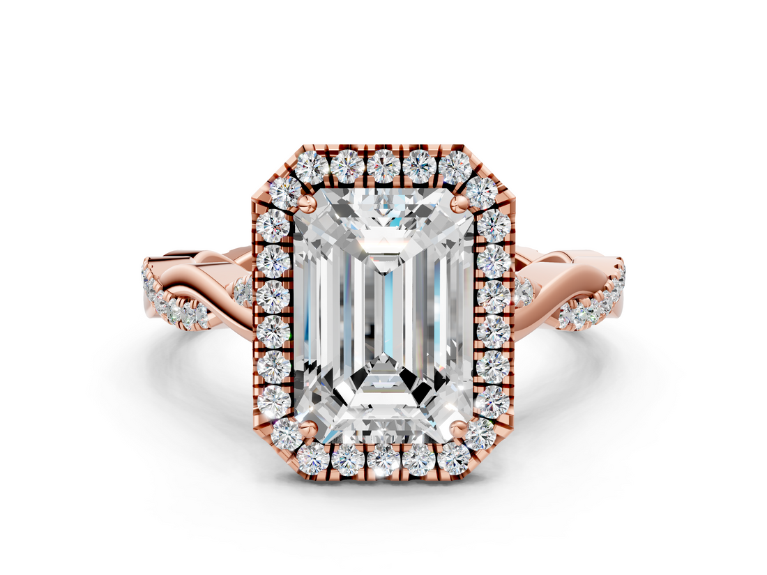 Rose gold Emerald Halo Twist Band Solitaire Ring_20