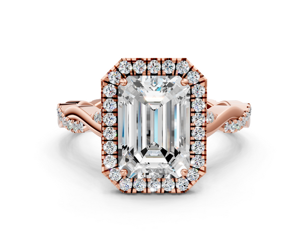 Rose gold Emerald Halo Twist Band Solitaire Ring