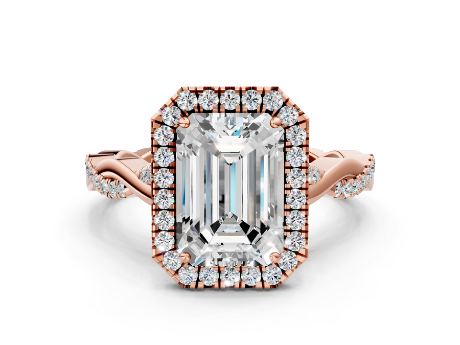Rose gold Emerald Halo Twist Band Solitaire Ring