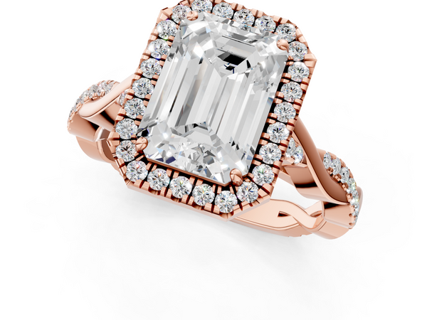 Rose gold Emerald Halo Twist Band Solitaire Ring