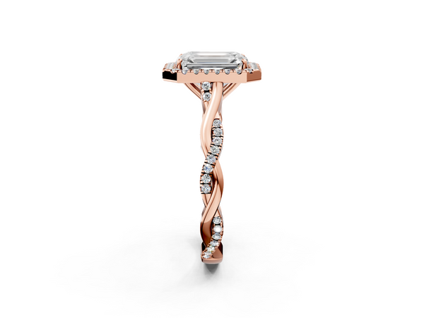 Rose gold Emerald Halo Twist Band Solitaire Ring