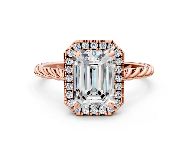 Rose gold Emerald Halo Twisted Band Four-Prong Diamond Ring