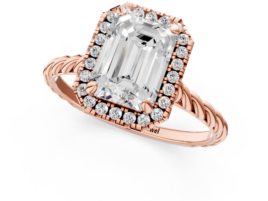 Rose gold Emerald Halo Twisted Band Four-Prong Diamond Ring