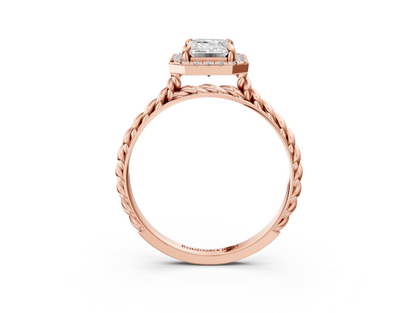 Rose gold Emerald Halo Twisted Band Four-Prong Diamond Ring