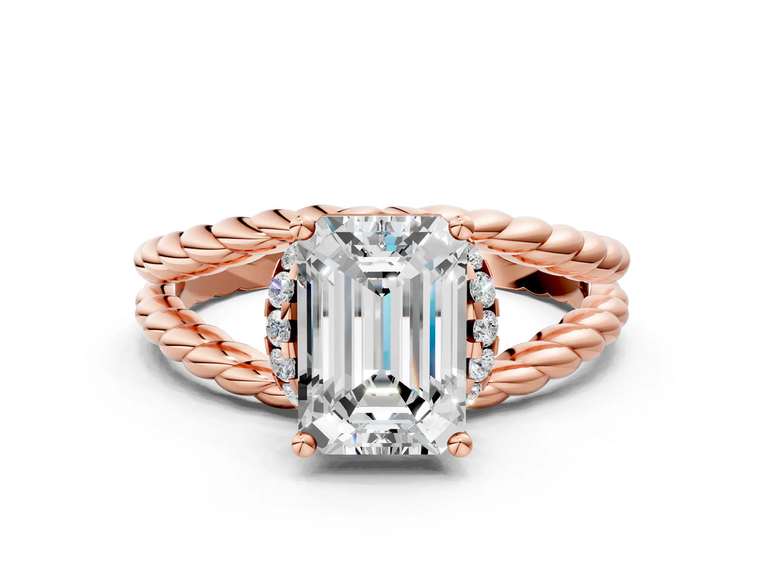 Rose gold Emerald Halo Twisted Band Four-Prong Ring_32