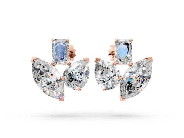 Rose gold Emerald, Marquise and Pear Diamond Mosaic Three Stone Fan Earrings