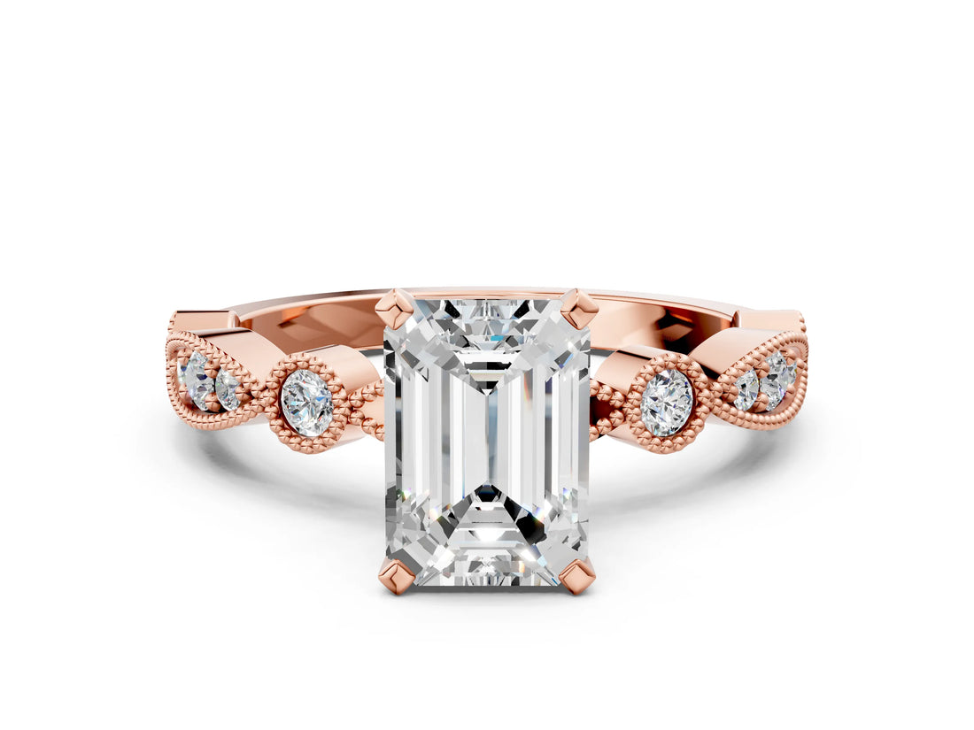 Rose gold Emerald Milgrain Bezel Diamond Engagement Ring with Solitaire Prong Setting_187