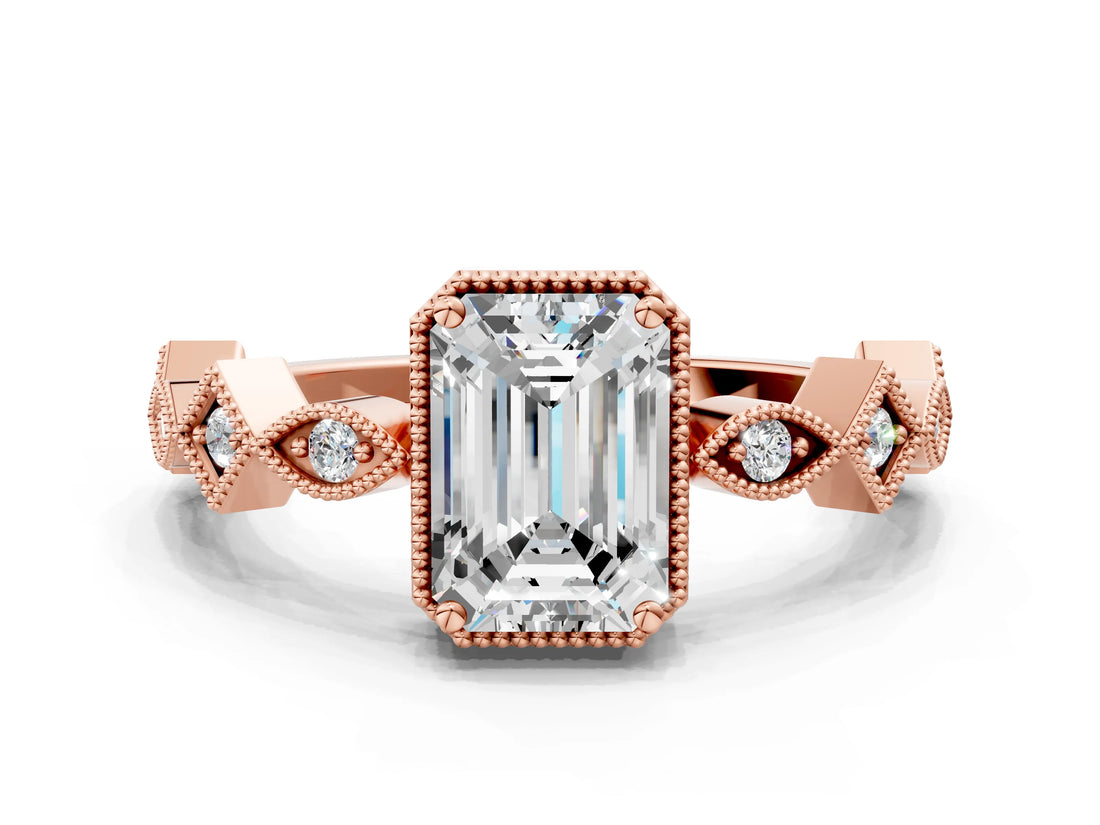 Rose gold Emerald Milgrain Marquise Diamond Twist Band Ring_38