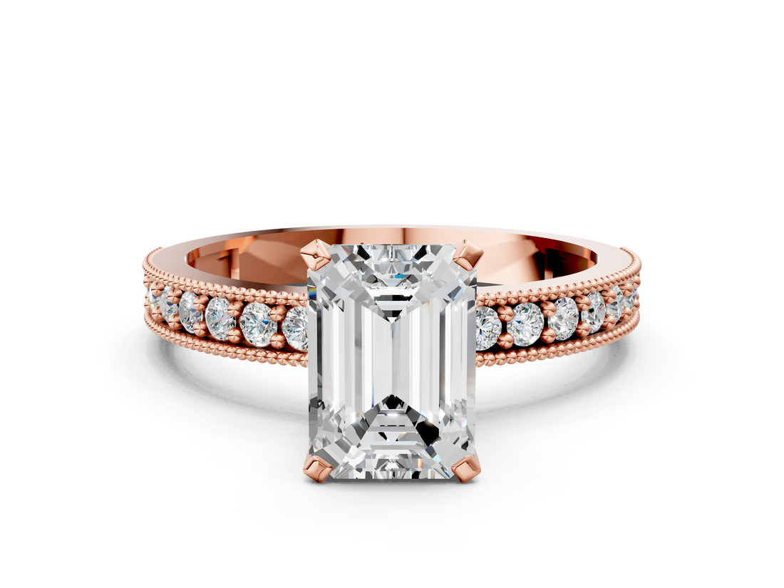 Rose gold Emerald Milgrain Pave Diamond Engagement Ring with Four-Prong Setting_159