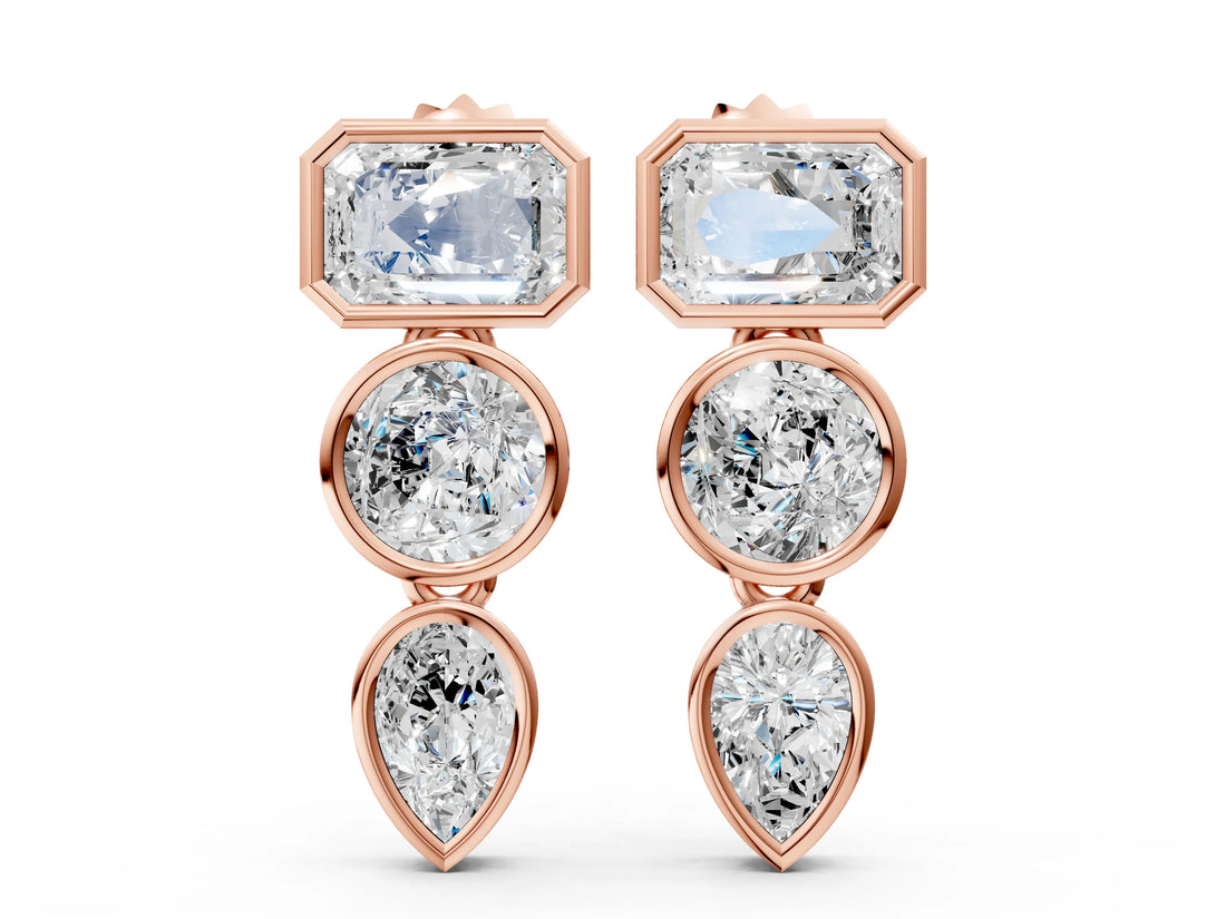 Rose gold Emerald, Round and Pear Diamond Bezel Drop Earrings_8