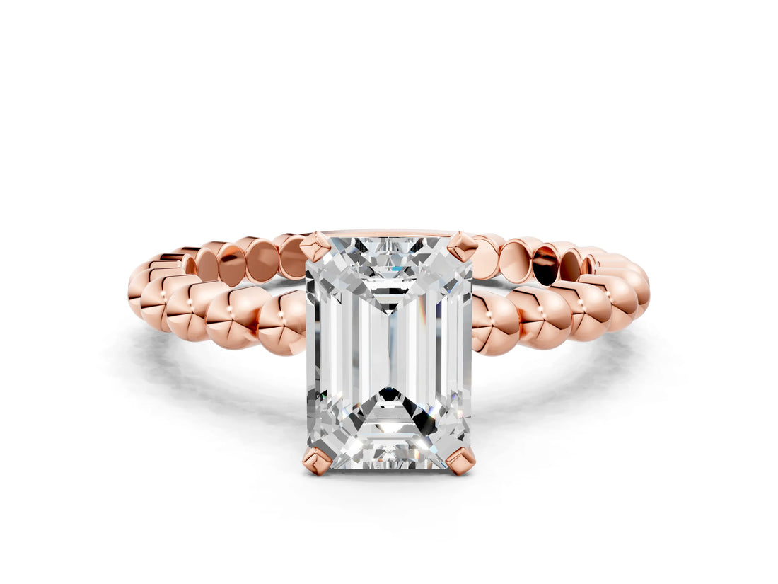 Rose gold Emerald Solitaire Beaded Band Prong Setting Ring
