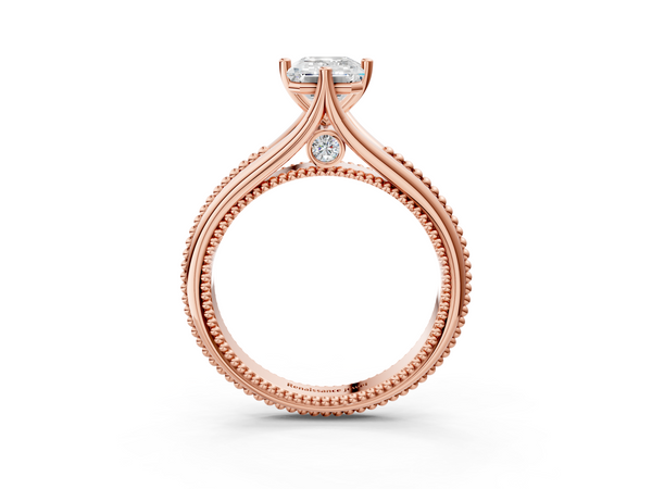 Rose gold Emerald Solitaire Beaded Band Six-Prong Setting