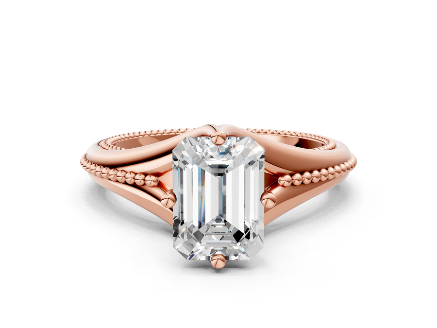 Rose gold Emerald Solitaire Beaded Band Six-Prong Setting