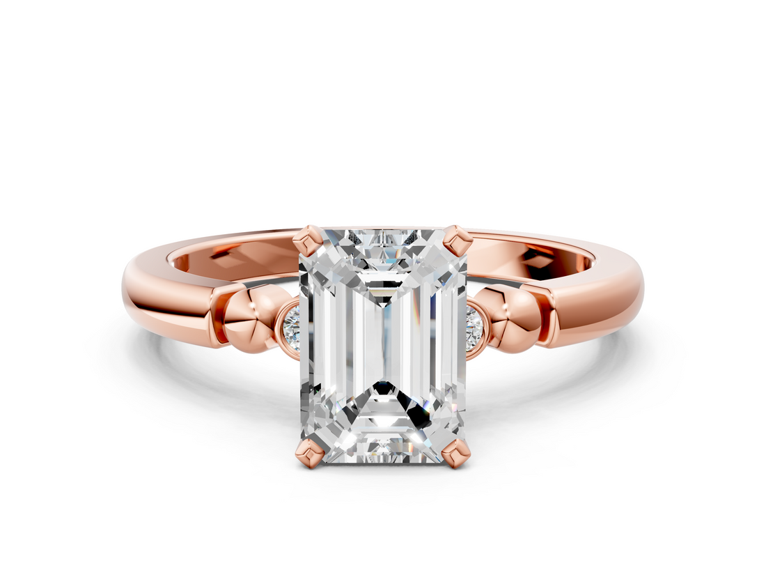 Rose gold Emerald Solitaire Beaded Band with Four-Prong Setting_66