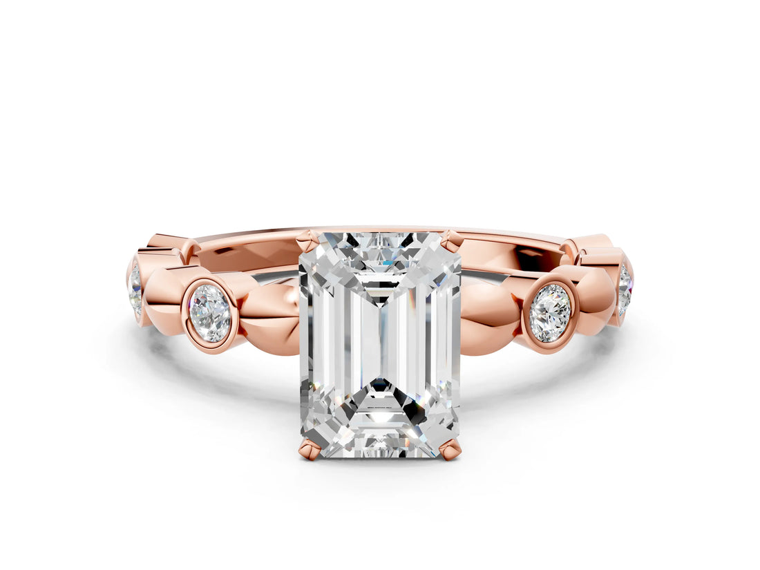 Rose gold Emerald Solitaire Bezel-Set Diamond Ring with Beaded Band and Four-Prong Setting_47