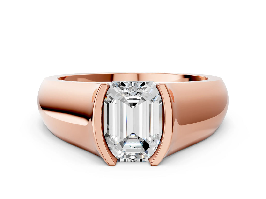 Rose gold Emerald Solitaire Bezel Set Diamond Ring with Wide Band_3