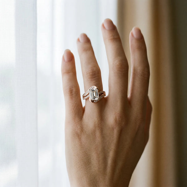 Rose gold Emerald Solitaire Bypass Diamond Engagement Ring with Channel-Set Band and Four-Prong Setting